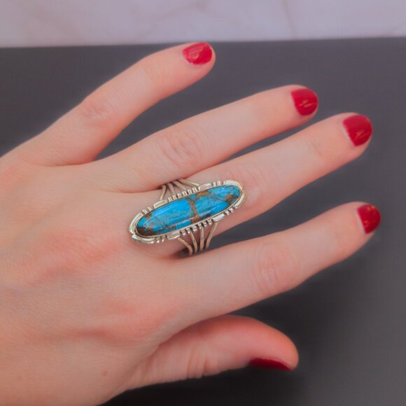 Sterling Silver Long Oval Copper-Matrix Turquoise Ring, Size 10 - Picture 1 of 11